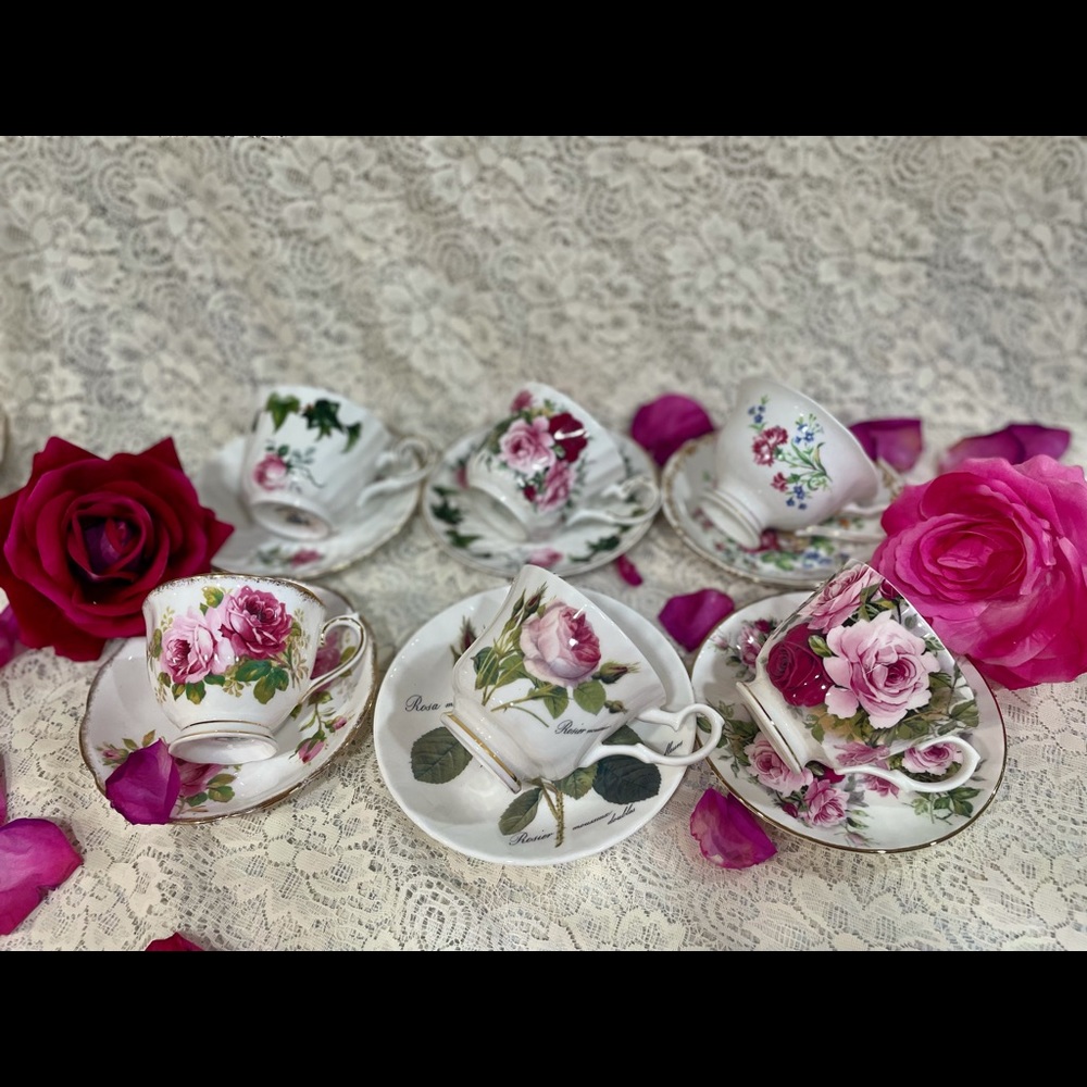 6 mismatched Pink Rose England Teacup Lot! Royal Albert, Regency, etc bone china